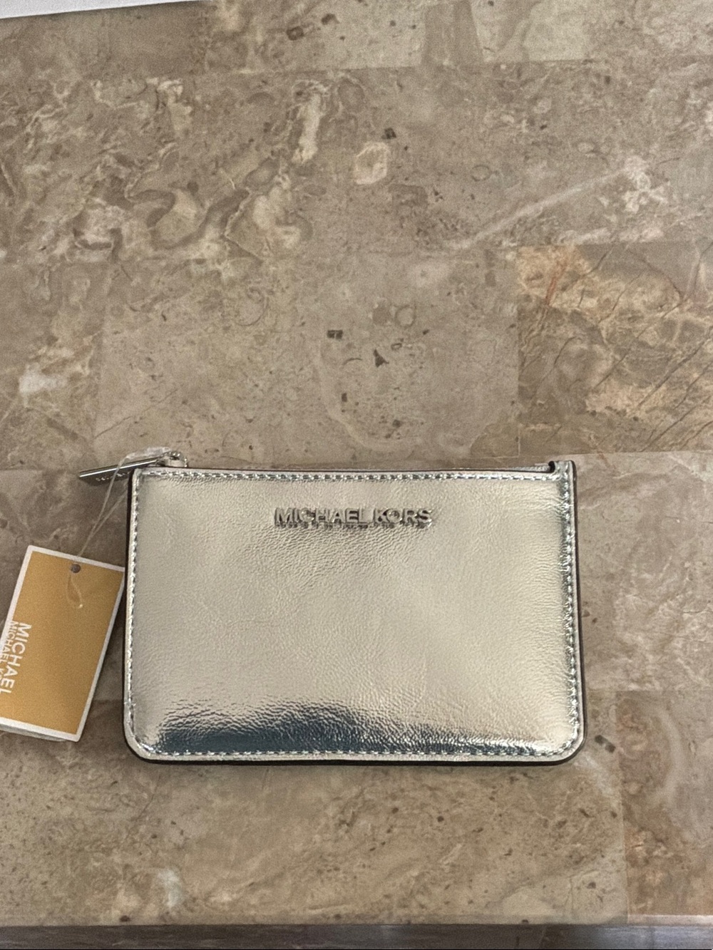 Michael Kors Silver Metallic Zip Card Holder
